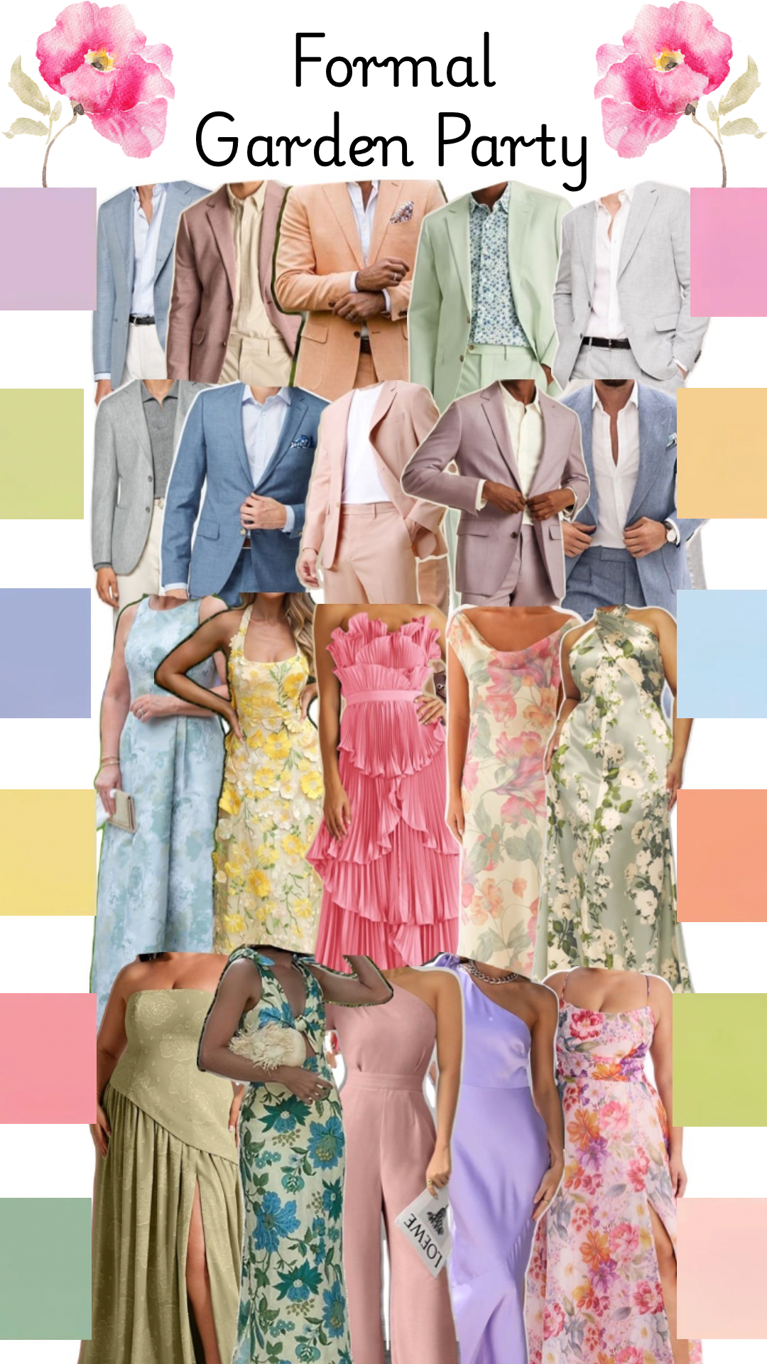Formal Garden Party dress code inspiration — pastels, florals, suits and gowns
